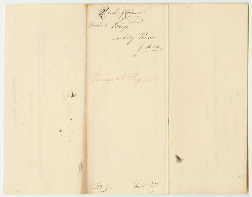 Miniature of Report 870: Warrant in Favor of Herbert Savage for a Pension