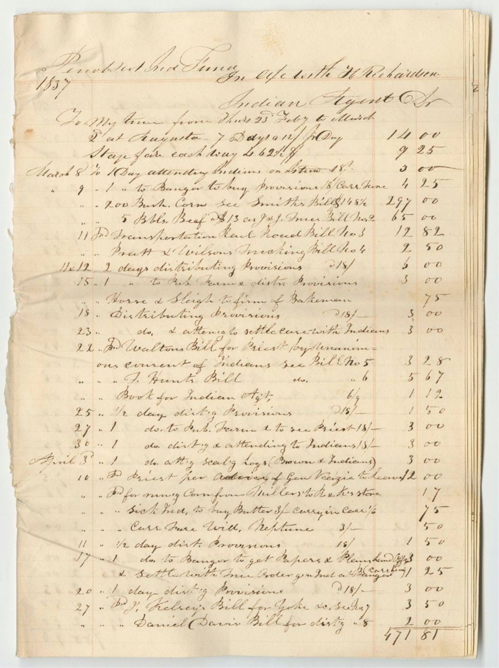Miniature of Account of Henry Richardson, Penobscot Indian Agent, for March through December 1837