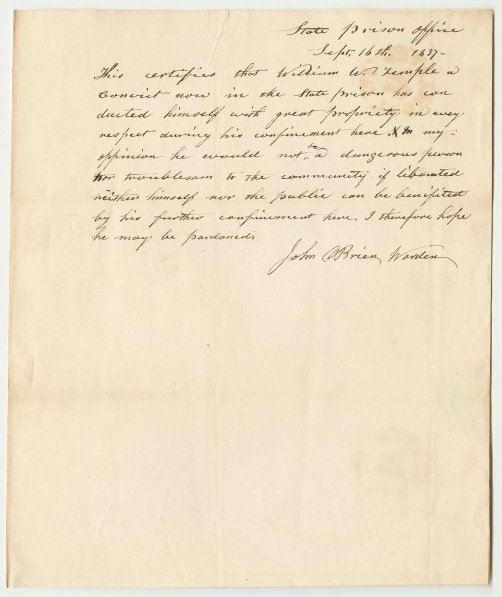 Miniature of Certificate of John O'Brien, Warden, on the Conduct of William W. Temple in Prison