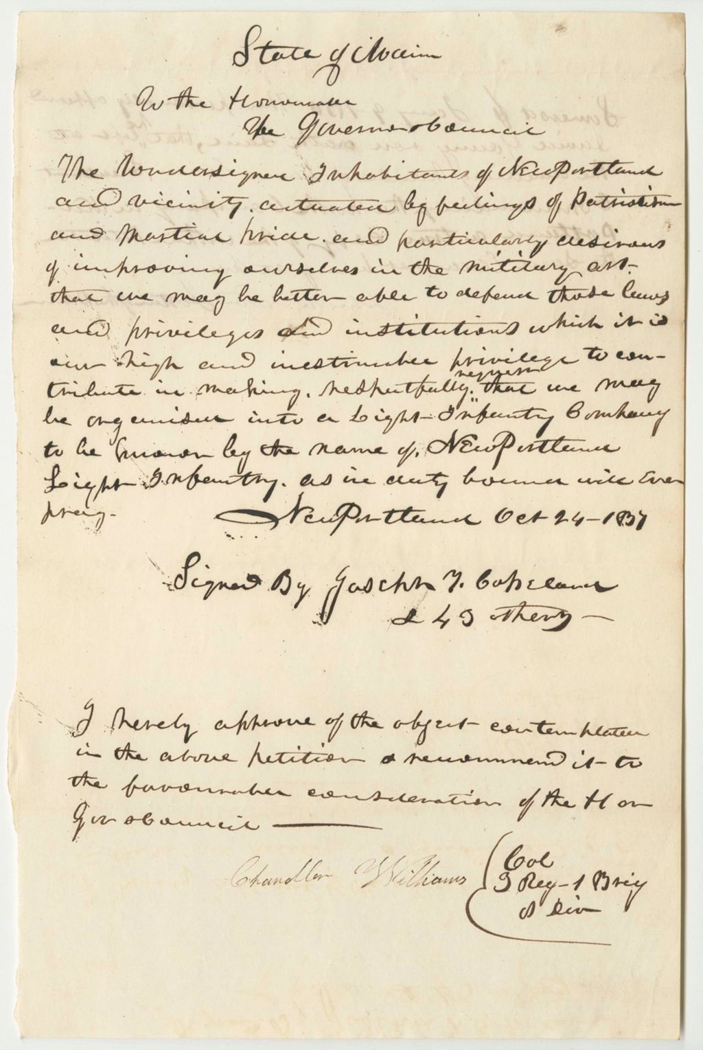 Miniature of Petition of the Inhabitants of New Portland for a Company of Light Infantry in New Portland and Vicinity