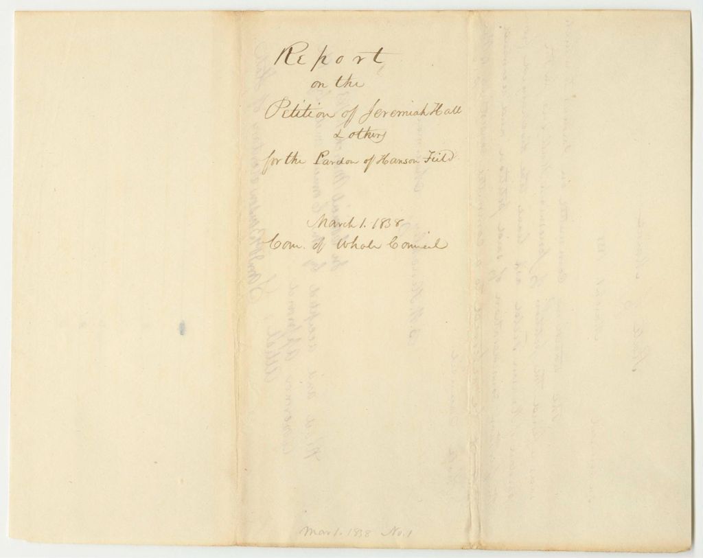 Miniature of Report on the Petition of Jeremiah Hall and Others for a Pardon of Hanson FIeld of Falmouth