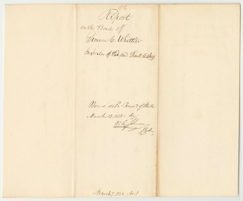 Miniature of Report 28: Report on the Bond of Simeon C. Whittier, Inspector of Pot and Pearl Ashes