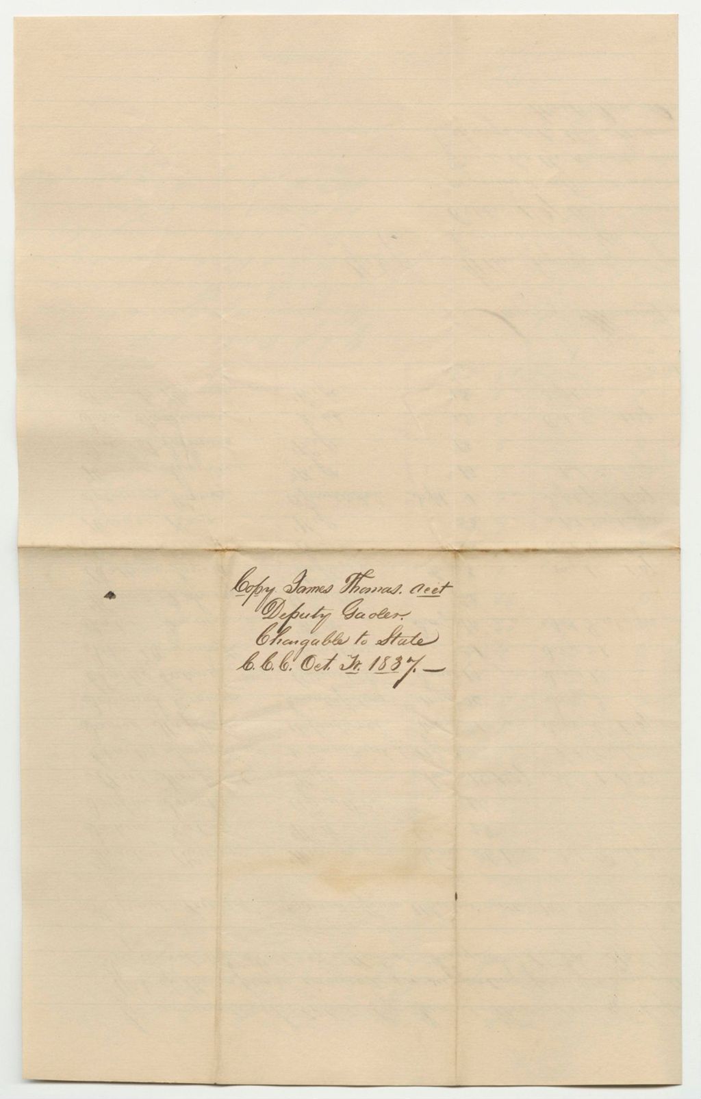 Miniature of Account of James Thomas, Under Keeper of the States Gaol at Alfred in the County of York, of the Expense Incurred for Supporting Poor Prisoners Therein Committed Upon Charge or Conviction of Crimes Against the State of Maine, Chargeable to the State of Maine from May 23rd to October 10th 1837