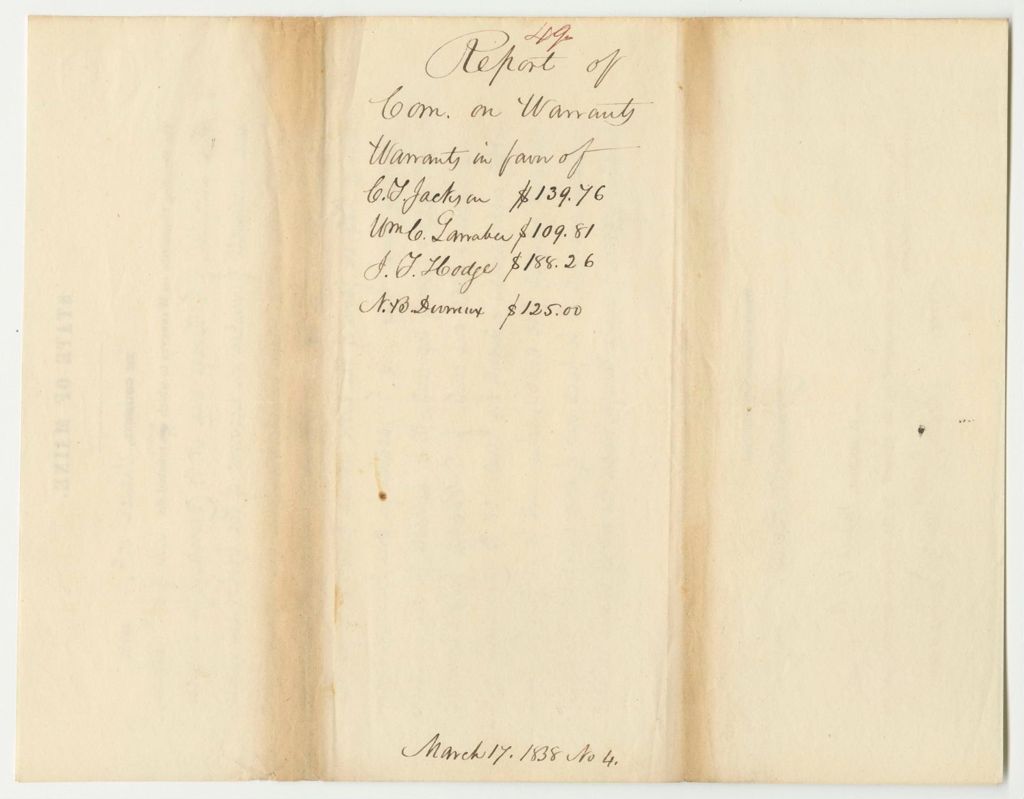 Miniature of Report 49: Warrants in Favor of C.T. Jackson, W.C. Larrabee, J.T. Hodge, and N.B. Devereux for Services and Materials for the Geological Survey