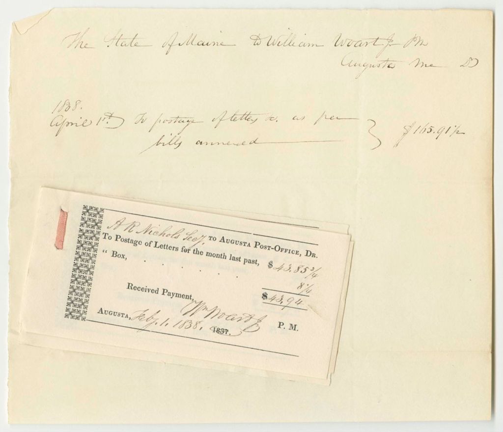 Miniature of Receipts from the Account of William Woart Jr., Postmaster of Augusta, for Postage