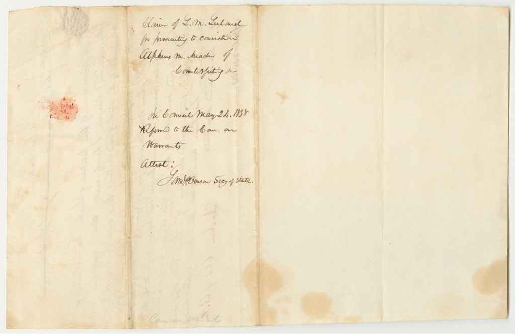 Miniature of Claim of Larkin M. Leland for Prosecuting to Conviction Alpheus M. Meader for Possession of Counterfeit Coin