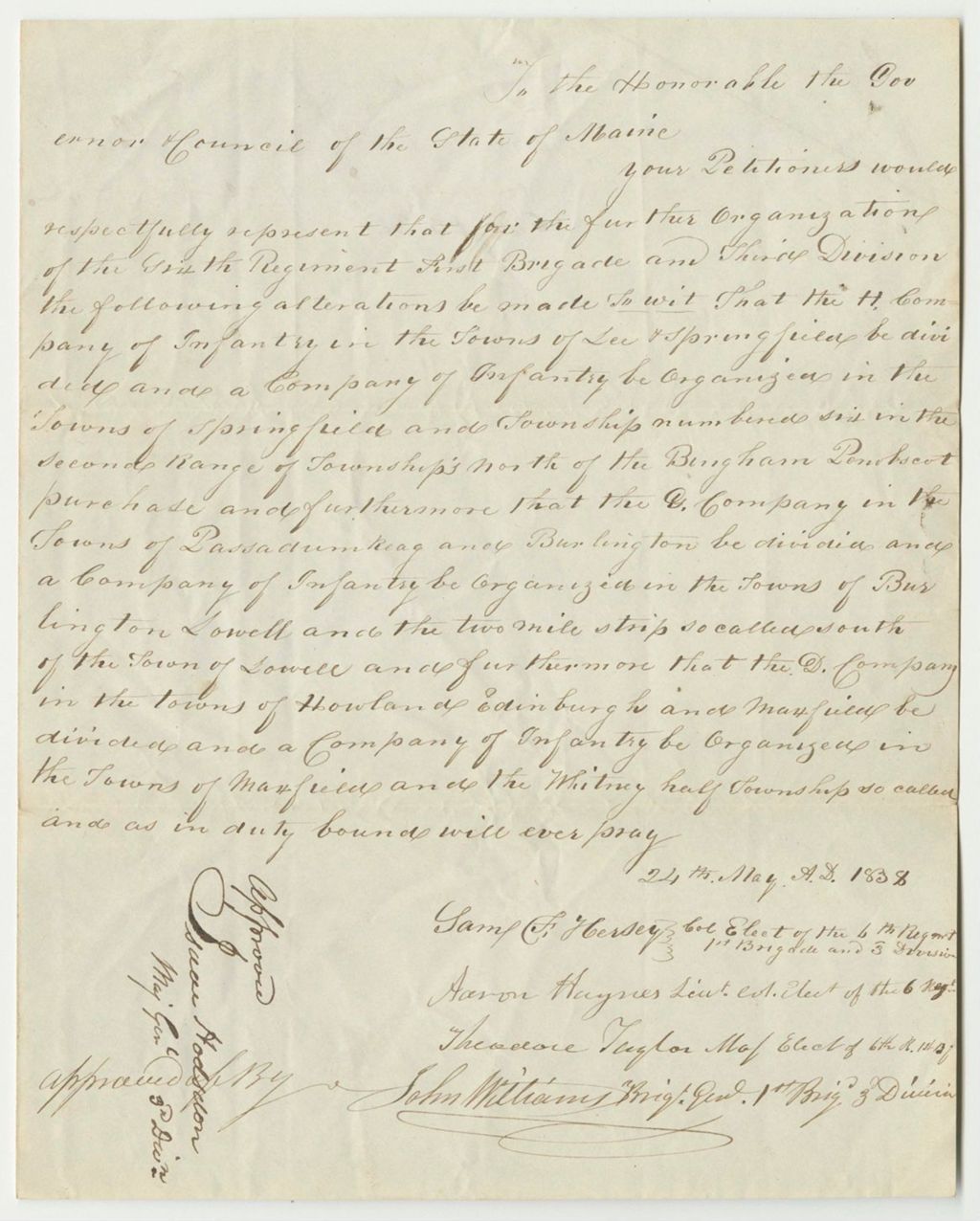 Miniature of Petition of Col. Samuel F. Hersey and Others for an Alteration of the Companies in the 6th Regiment 1st Brigade 3rd Division