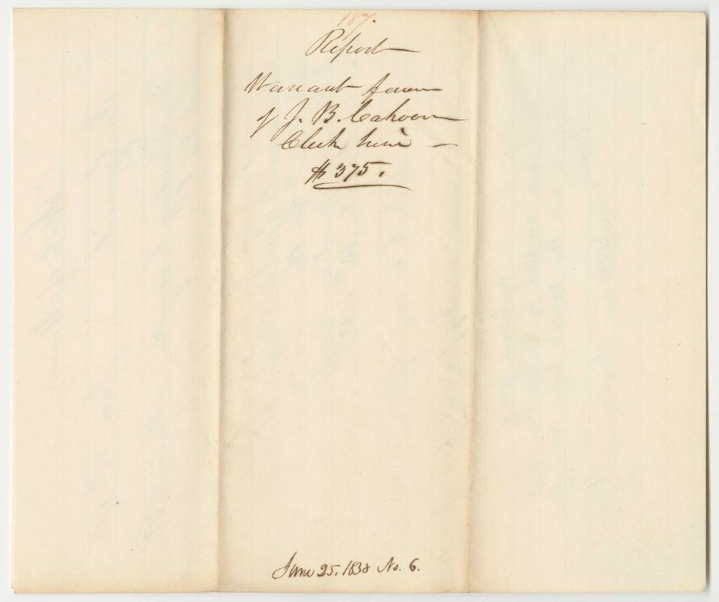 Miniature of Report 187: Warrant in Favor of James B. Cahon, State Treasurer, for Clerk Hire