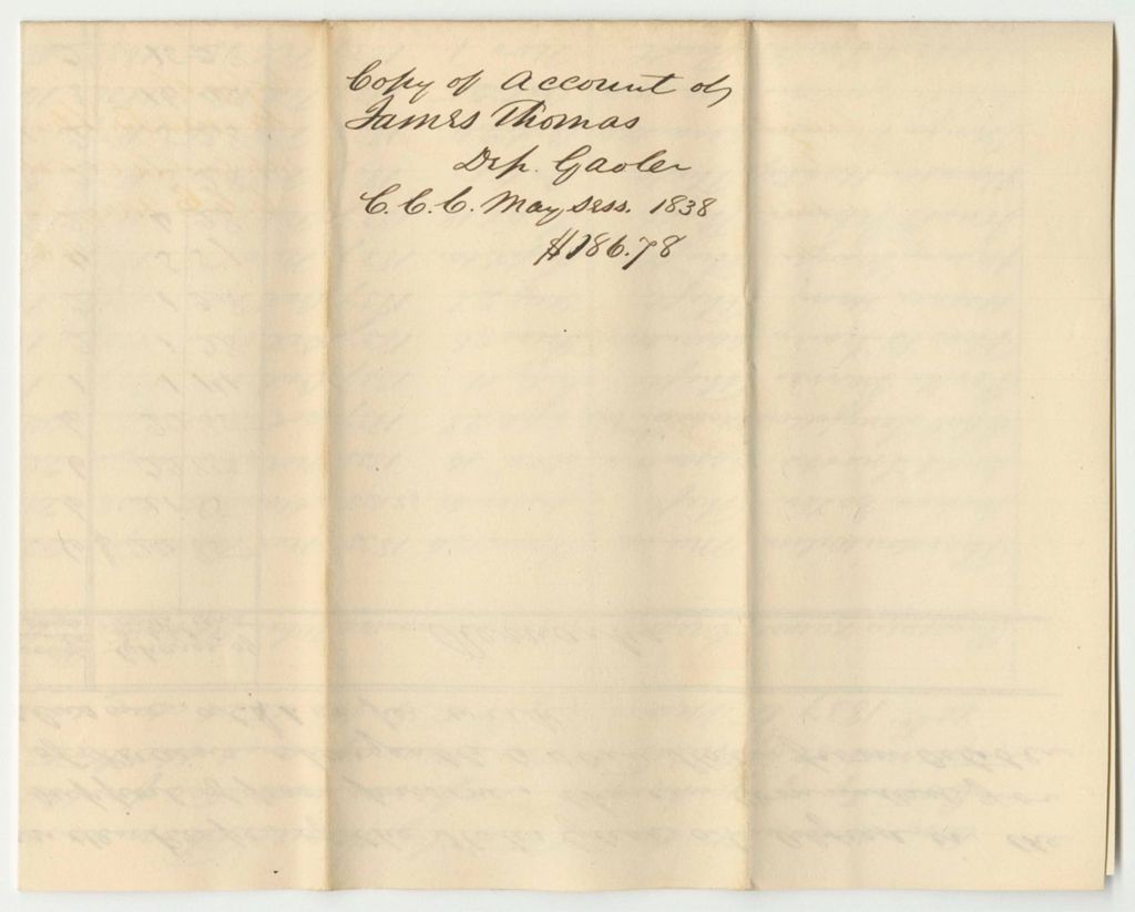 Miniature of Account of James Thomas, Under Keeper of the States Gaol at Alfred in the County of York, of the Expenses Incurred for Supporting Prisoners Therein Committed Upon Charge or Conviction of Crimes Against the State, from October 10th 1837 to March 19th 1838