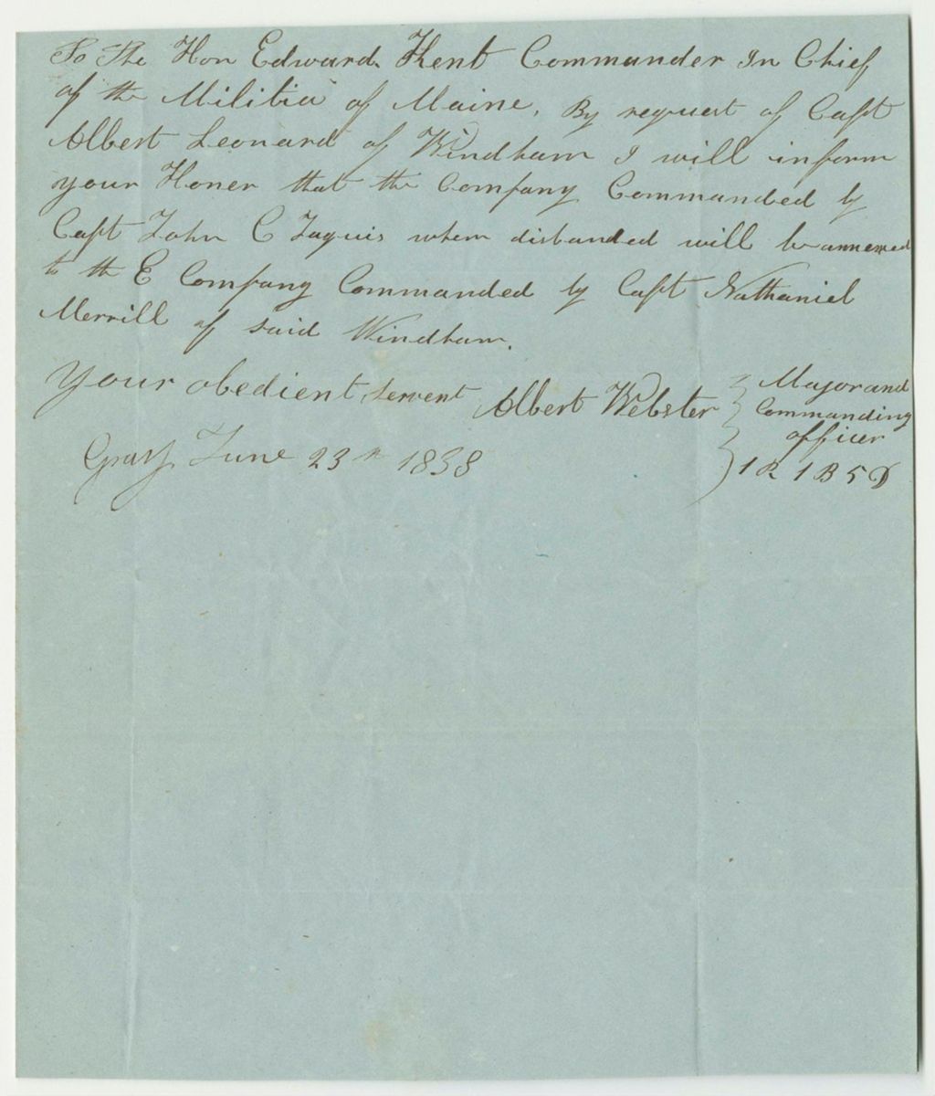 Miniature of Communication from Albert Webster Relating to Disbanding the Company Commanded by Captain John C. Jaquis