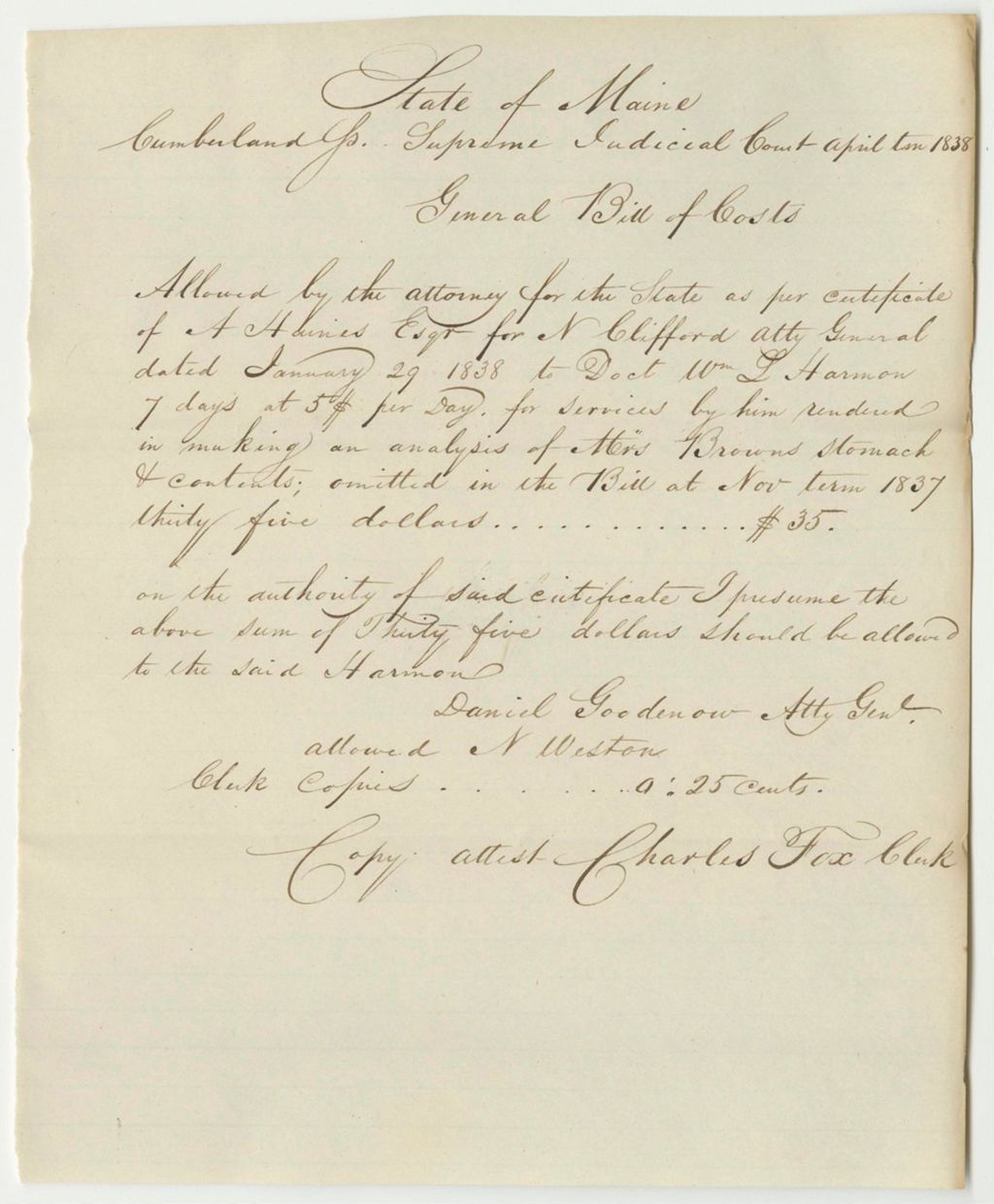 Miniature of General Bill of Costs at the Supreme Judicial Court in Cumberland County, April Term 1838