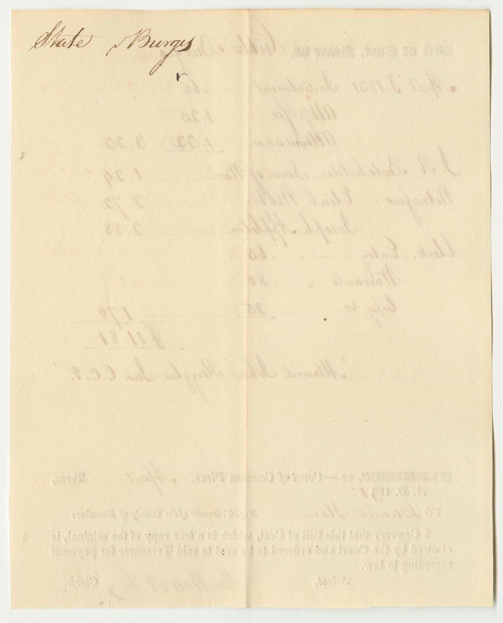 Miniature of Bill of Cost at the Court of Common Pleas in Kennebec, for State v. Gibbs Burgis