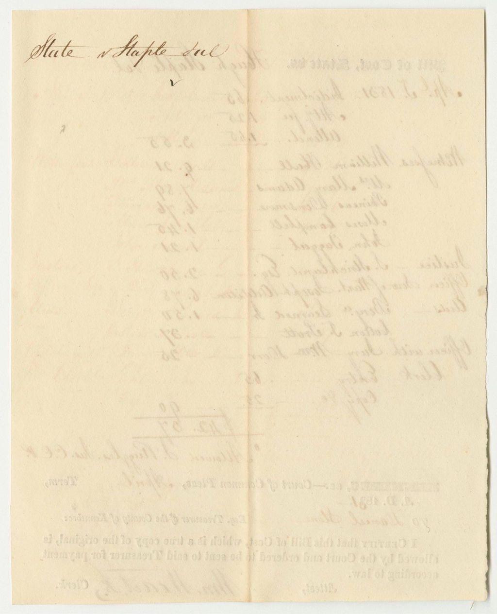 Miniature of Bill of Cost at the Court of Common Pleas in Kennebec, for State v. Hugh Staple and Others