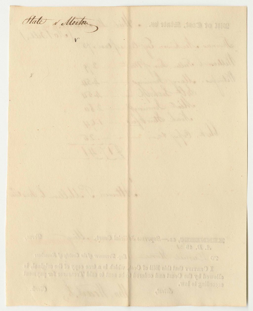 Miniature of Bill of Cost at the Supreme Judicial Court in Kennebec, for State v. Abiel D. Morton