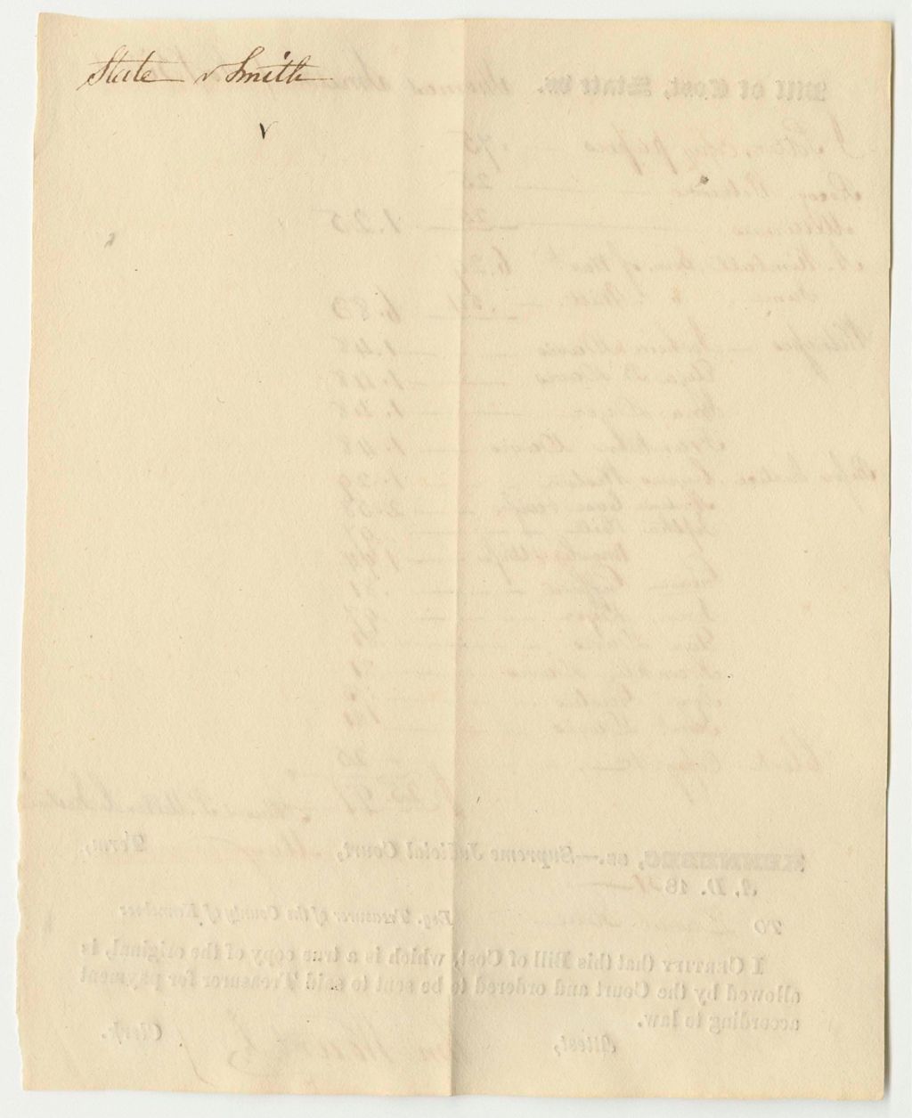 Miniature of Bill of Cost at the Supreme Judicial Court in Kennebec, for State v. Thomas Smith