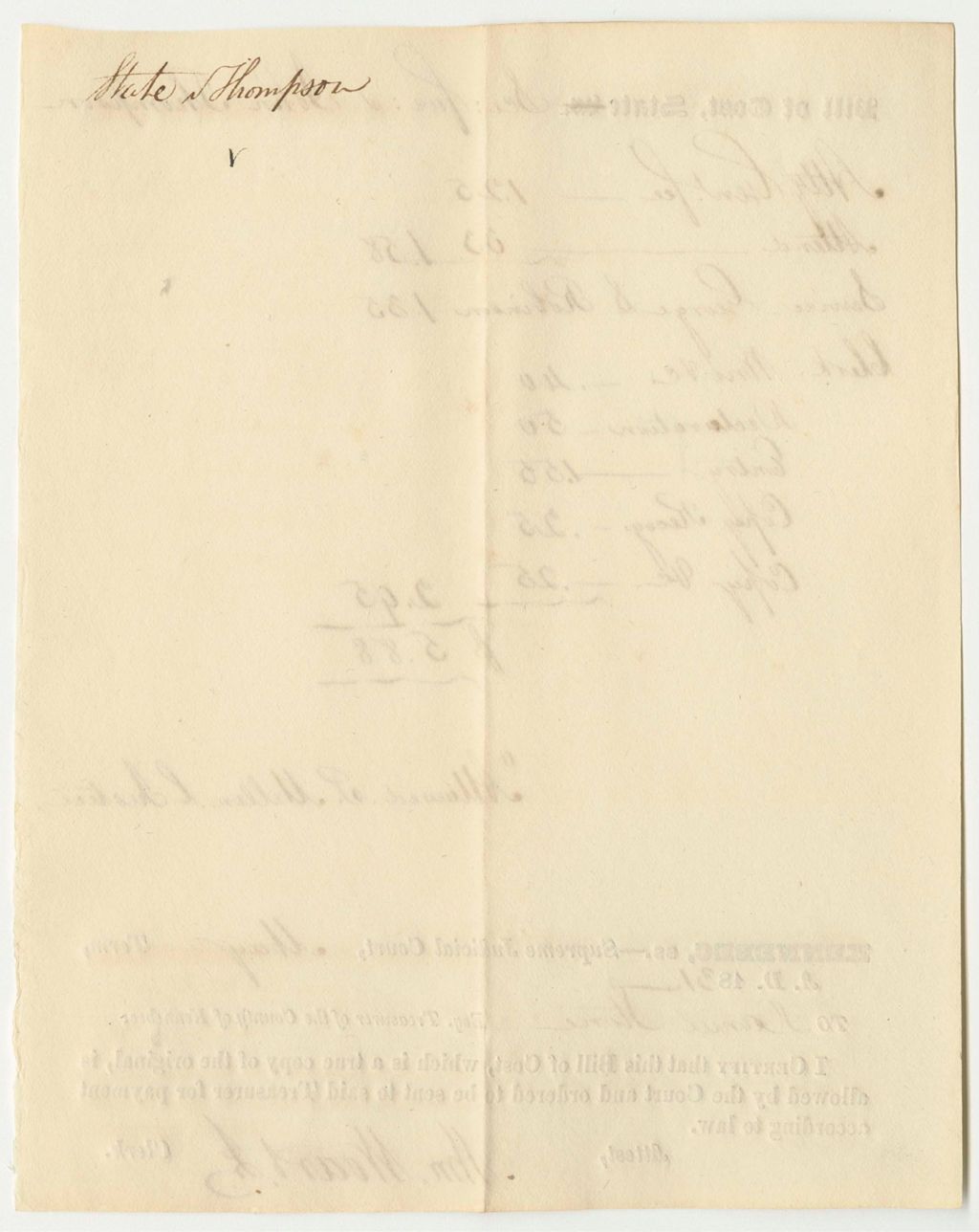 Miniature of Bill of Cost at the Supreme Judicial Court in Kennebec, for State v. John Thompson
