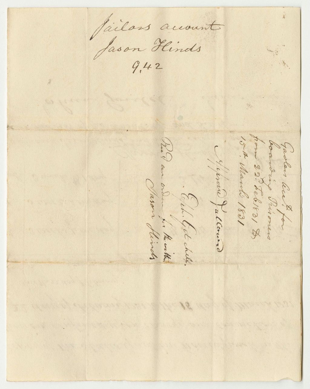 Miniature of Account of Jason Hinds, Keeper of the State's Gaol in Norridgewock in the County of Somerset for the Support of Prisoners Therein Confined Upon Charge and Conviction of Crimes or Offences Against the State