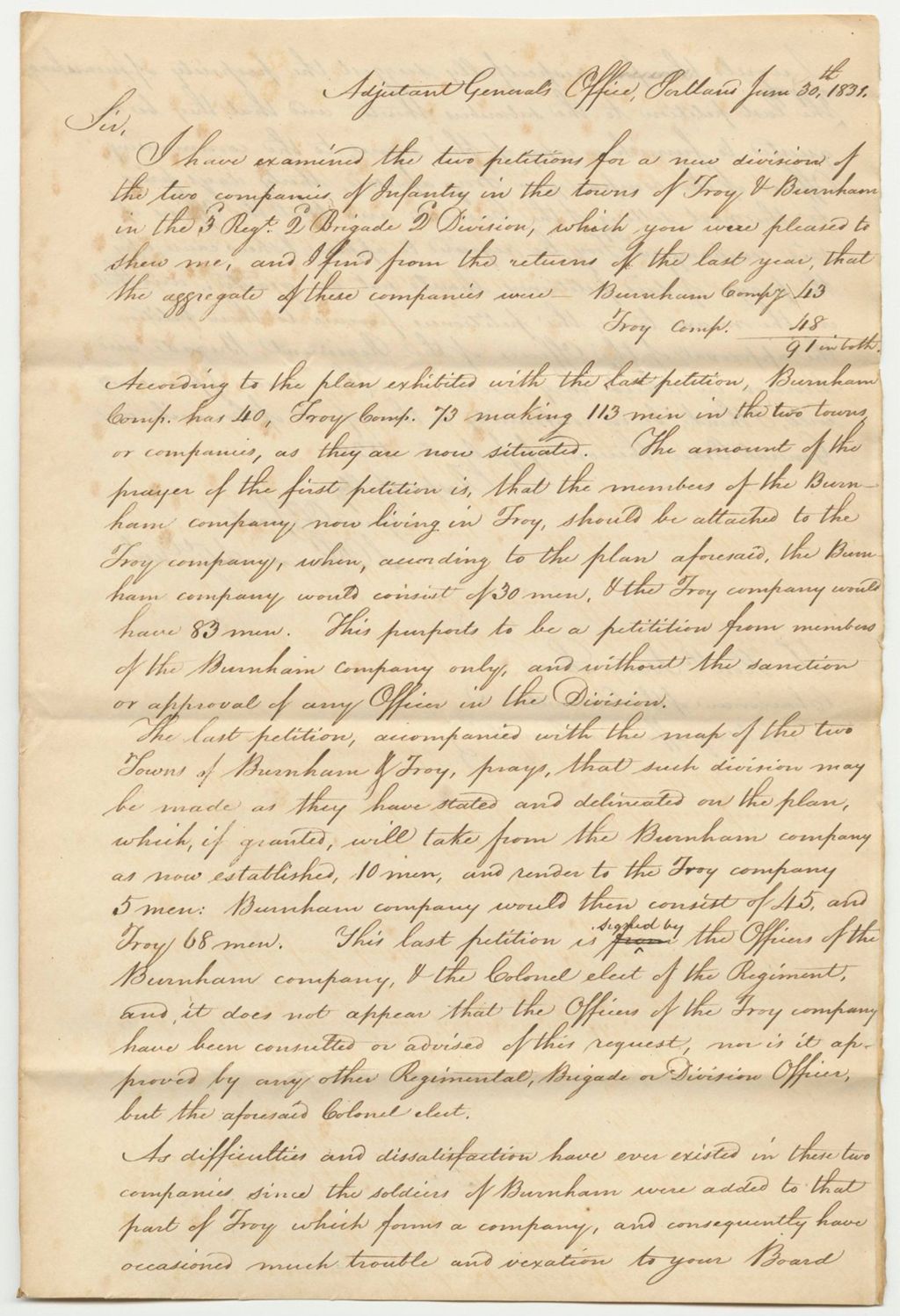 Miniature of Communication from S.G. Ladd, in Relation to the Petitions for a New Division of the Two Companies of Infantries in the Towns of Troy and Burnham
