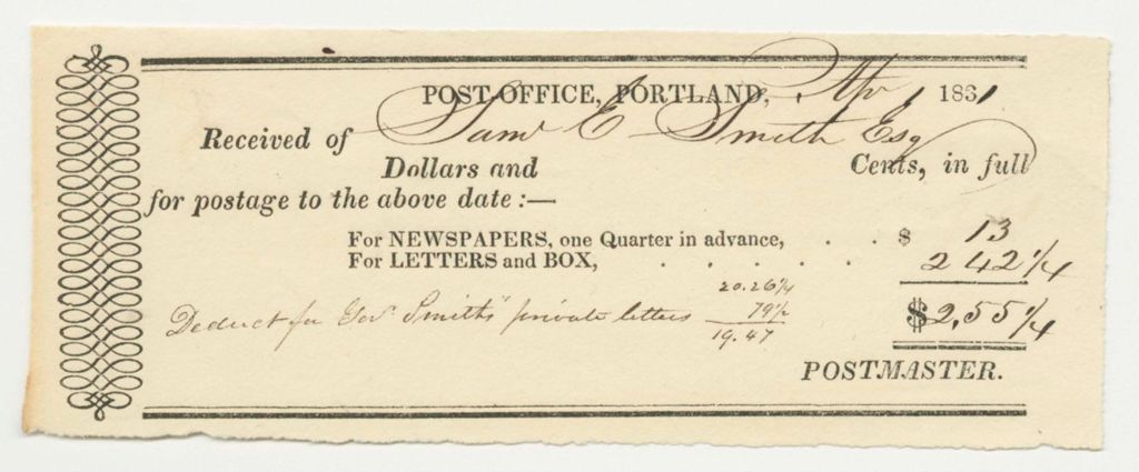 Miniature of Postland Post-Office Receipt for Postage, Paid by Samuel E. Smith