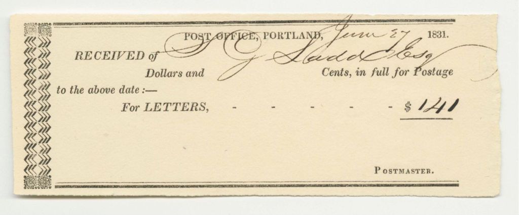 Miniature of Postland Post-Office Receipt for Postage, Paid by S.G. Ladd