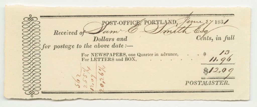 Miniature of Postland Post-Office Receipt for Postage, Paid by Samuel E. Smith