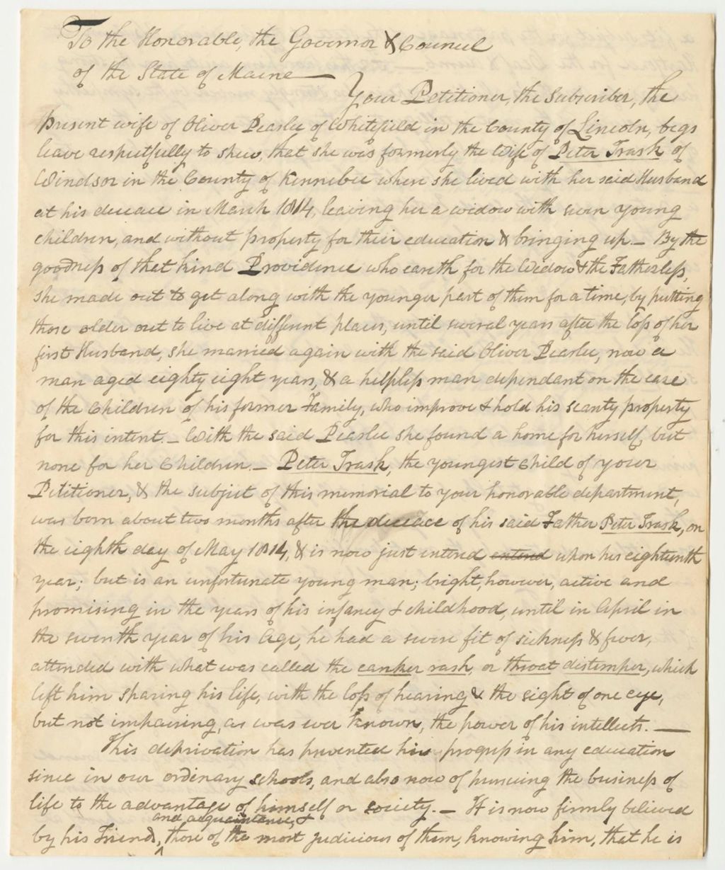 Miniature of Petition of Eleanor Peaslee in Behalf of Peter Trask
