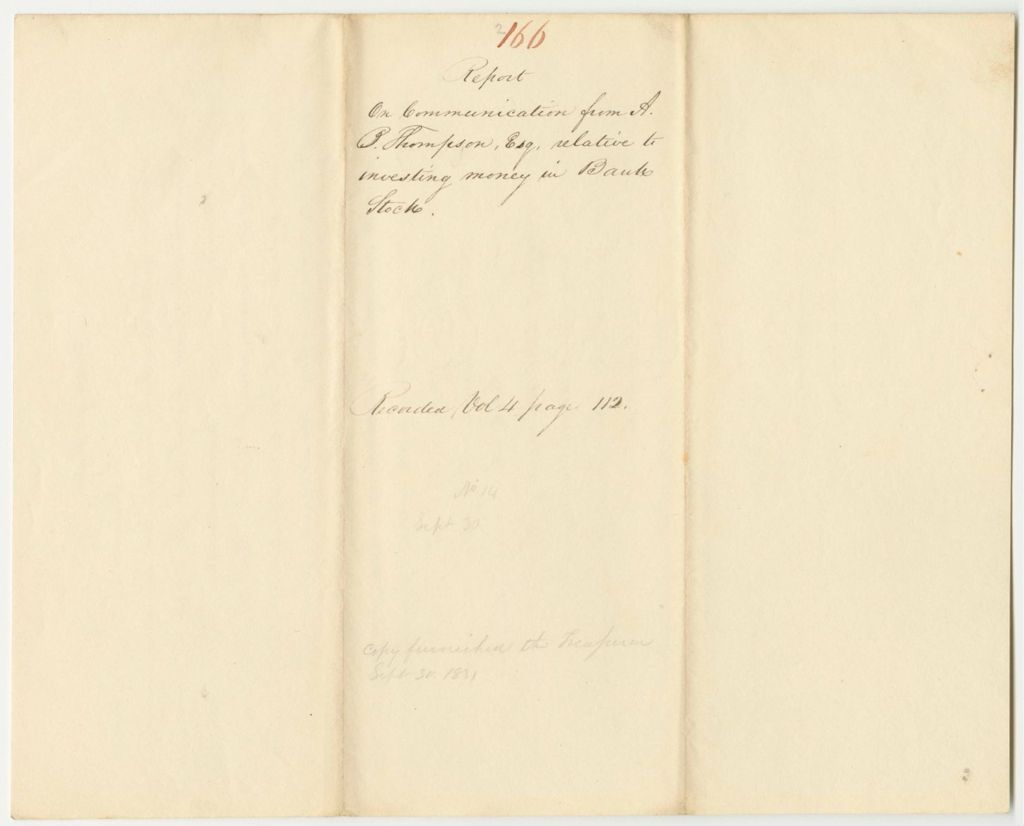 Miniature of Report 166: Report on the Communication from Abner B. Thompson, Esq., Relative to Investing Money in Bank Stock