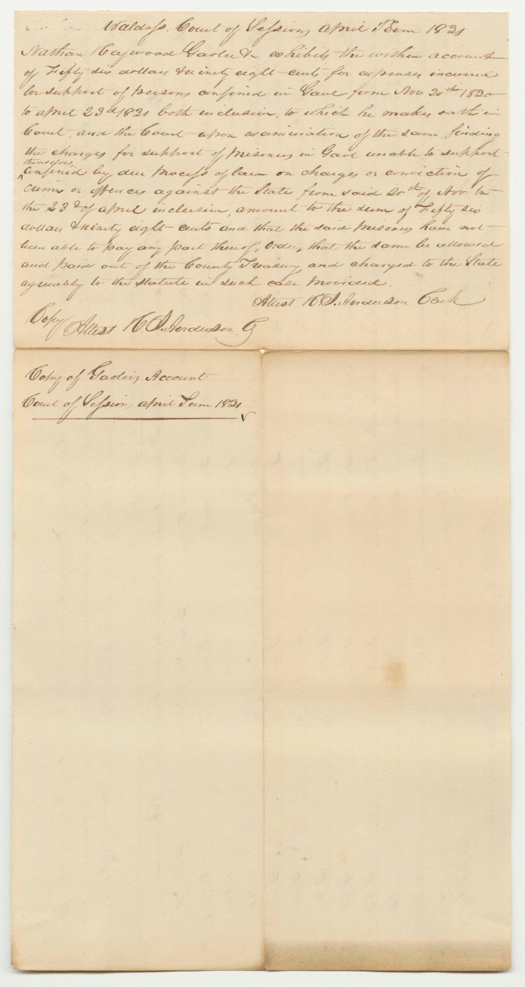 Miniature of Account of Nathan Heywood, Under Keeper of the Gaol in Belfast in the County of Waldo, for the Support of Persons Therein Confined on Charges or Conviction of Crimes and Offences Against the State, April Term 1831