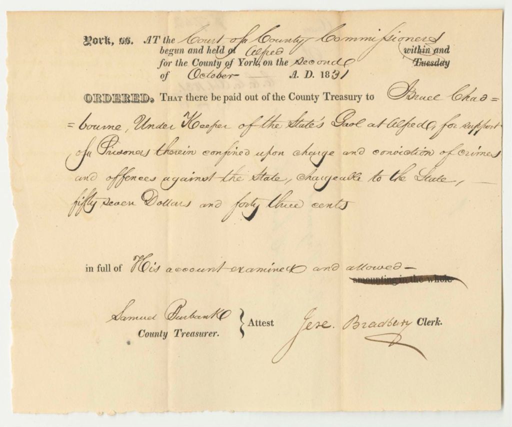 Miniature of Order That the Treasury Pay Israel Chadbourne, Underkeeper of the State's Gaol in Alfred, for Support of Prisoners Therein Confined