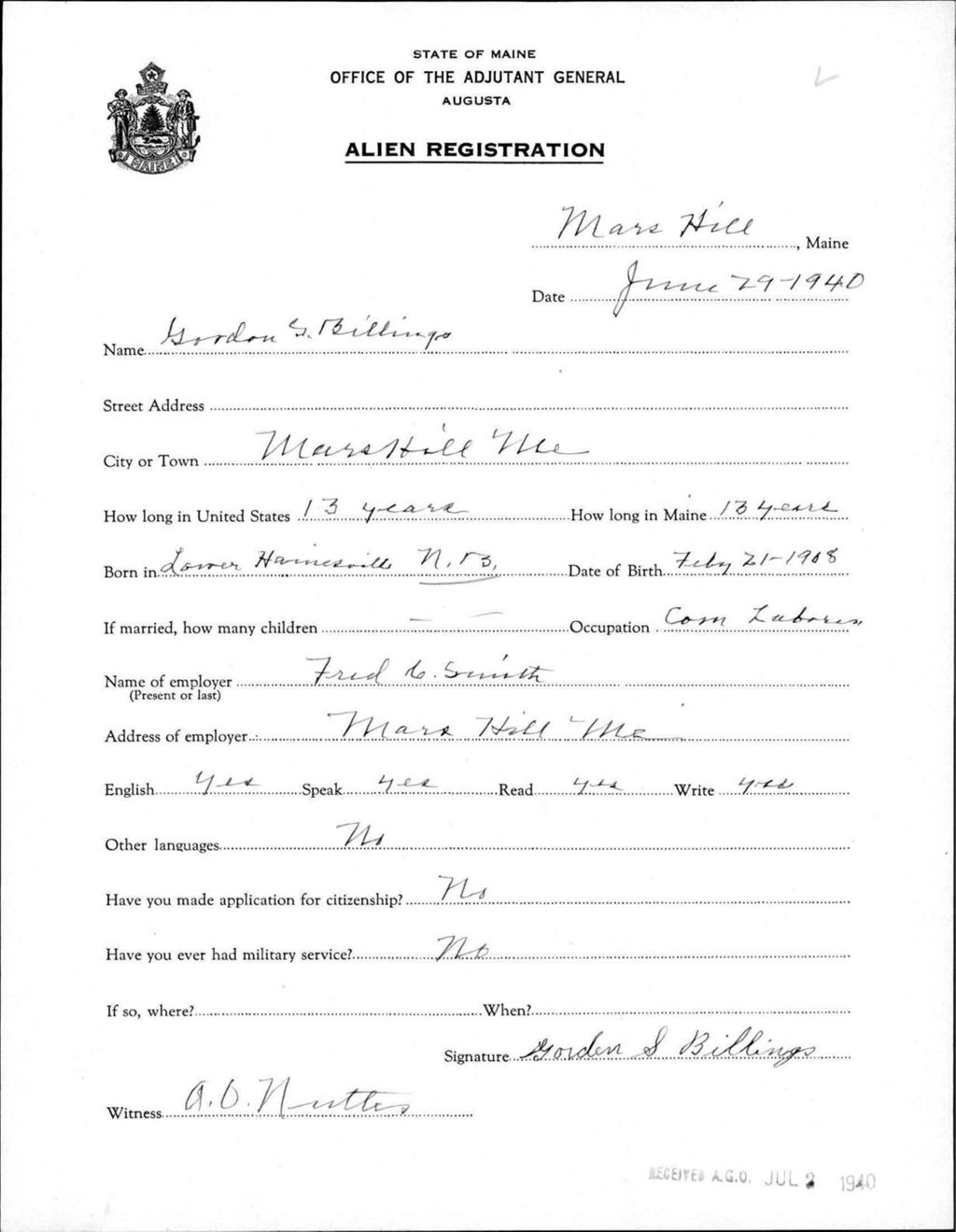 Miniature of Alien Registration- Billings, Gordon S. (Mars Hill, Aroostook County)