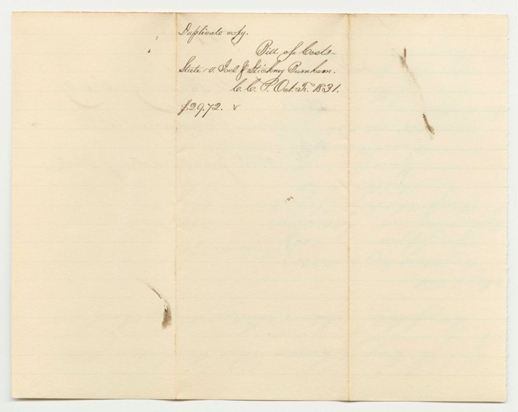 Miniature of Bill of Costs in State v. Joel and Stickney Burnham at the Court of Common Pleas in York County, October Term 1831
