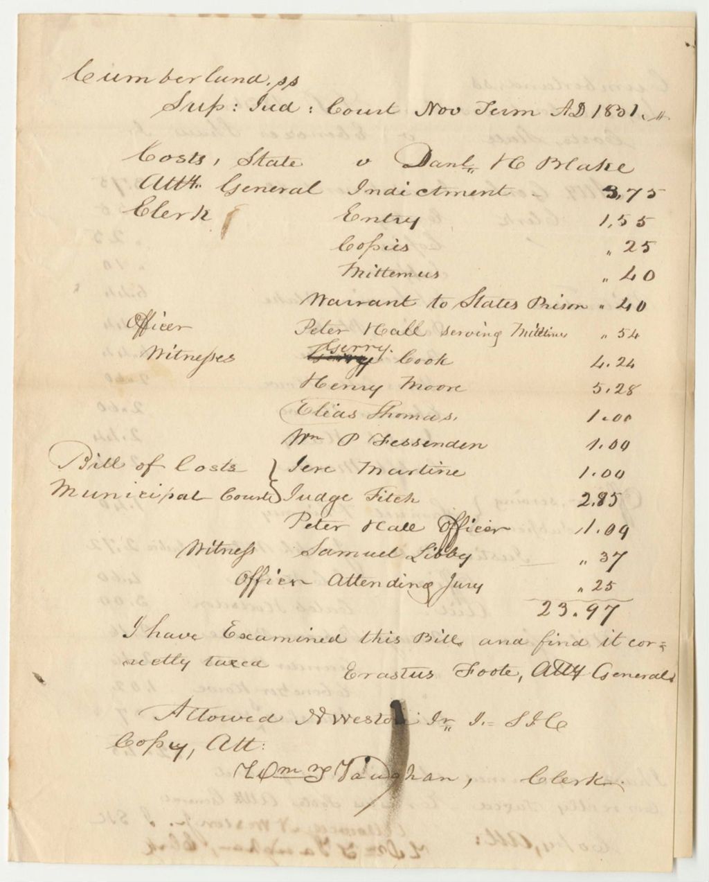 Miniature of Bills of Costs at the Supreme Judicial Court in Cumberland County, November Term 1831
