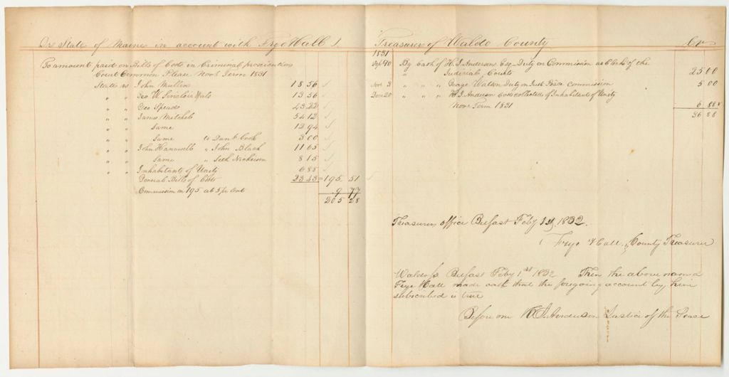 Miniature of Account of Frye Hall, Treasurer of Waldo County
