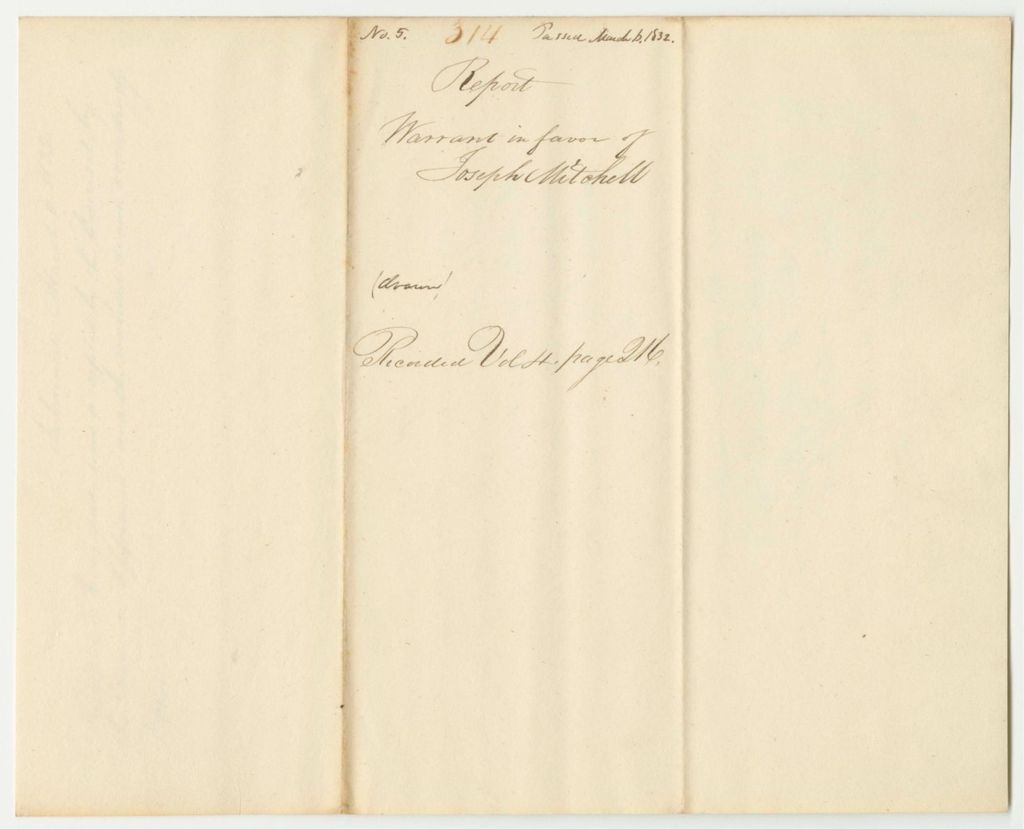 Miniature of Report 314: Warrant in Favor of Joseph Mitchell for Land for the Freeport Gun House