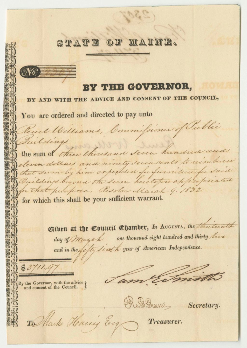 Miniature of Warrants in Favor of Reuel Williams, Commissioner of Public Buildings