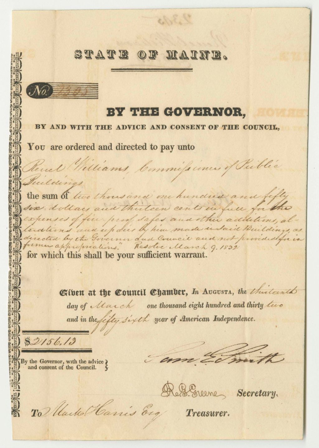 Miniature of Warrants in Favor of Reuel Williams, Commissioner of Public Buildings