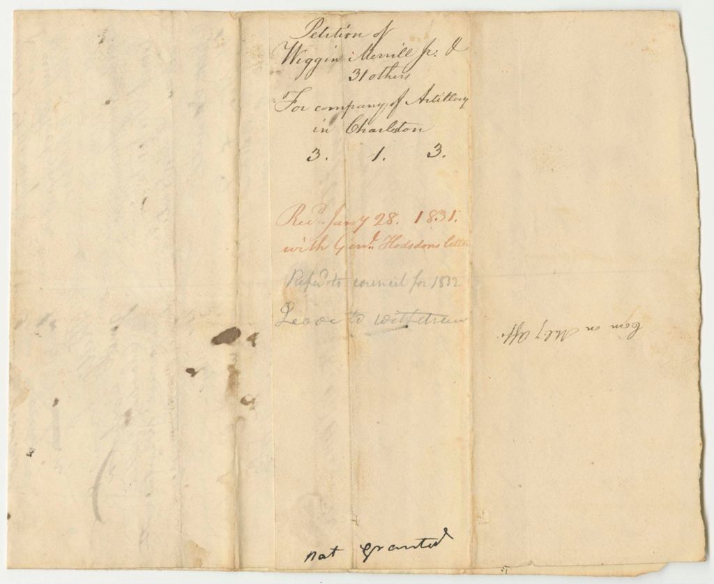 Miniature of Petition of Wiggin Merrill, Jr., and 31 Others for a Company of Artillery in Charleston