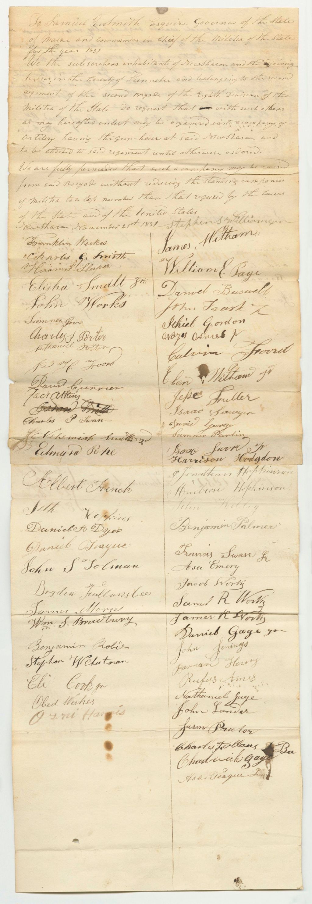 Miniature of Petition of Franklin Wakes and Others Praying That a Company of Artillery May Be Formed in the 2nd Regiment 2nd Brigade 8th Division