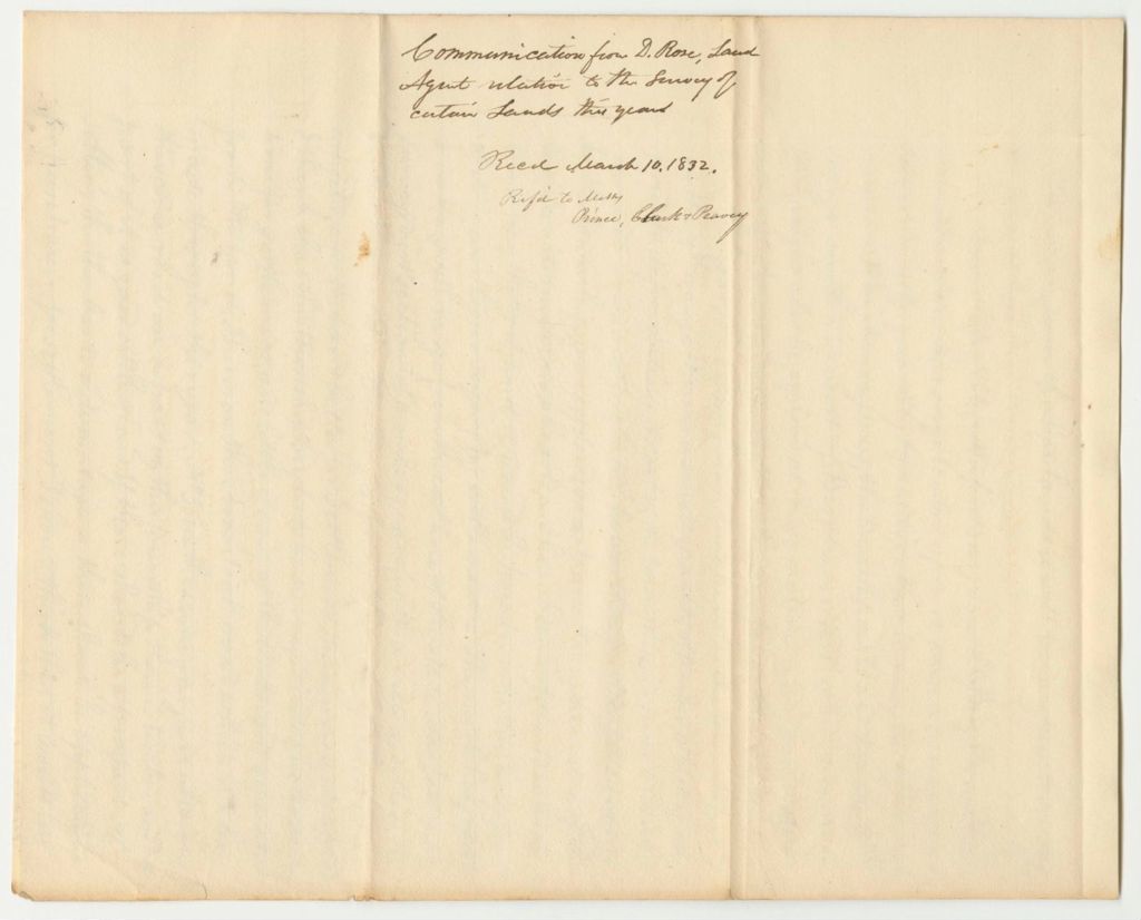 Miniature of Communication from Daniel Rose, land Agent, in Relation to the Survey of Certain Lands This Year