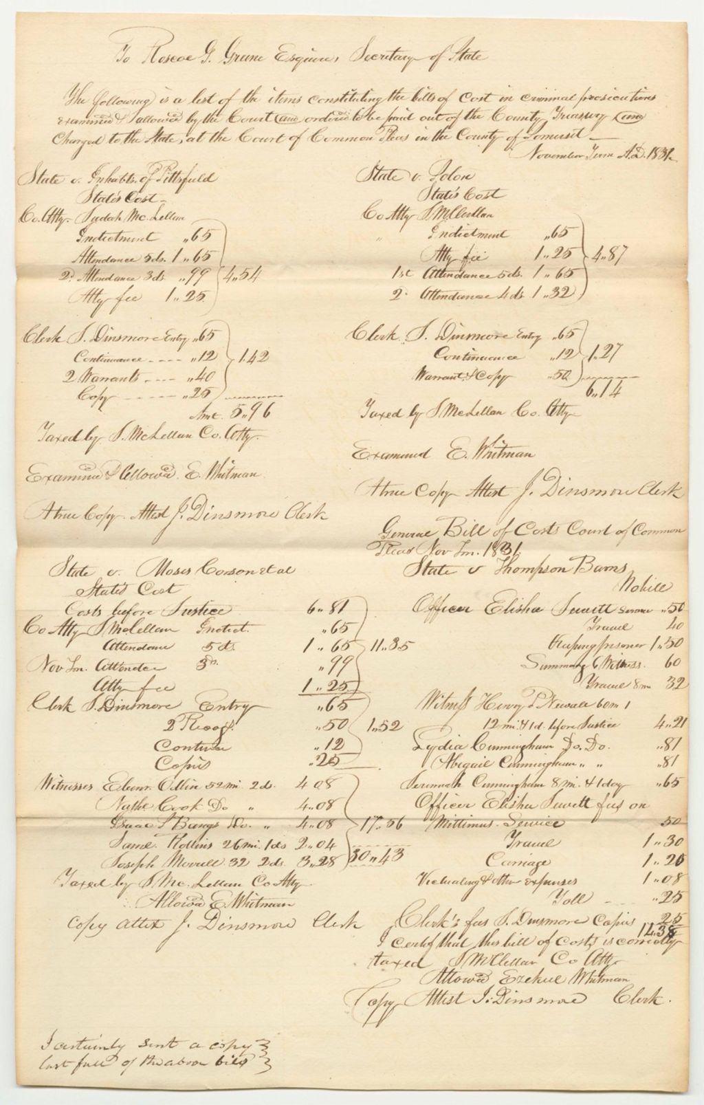 Miniature of Bills of Costs in Criminal Prosecution Examined and Allowed by the Court and Ordered To Be Paid Out of the Court Treasury and Charged to the State at the Court of Common Pleas in the County of Somerset, November Term 1831