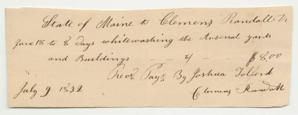 Miniature of Clemens Randall's Bill for Whitewashing at the State Arsenal, Paid by Joshua Tolford