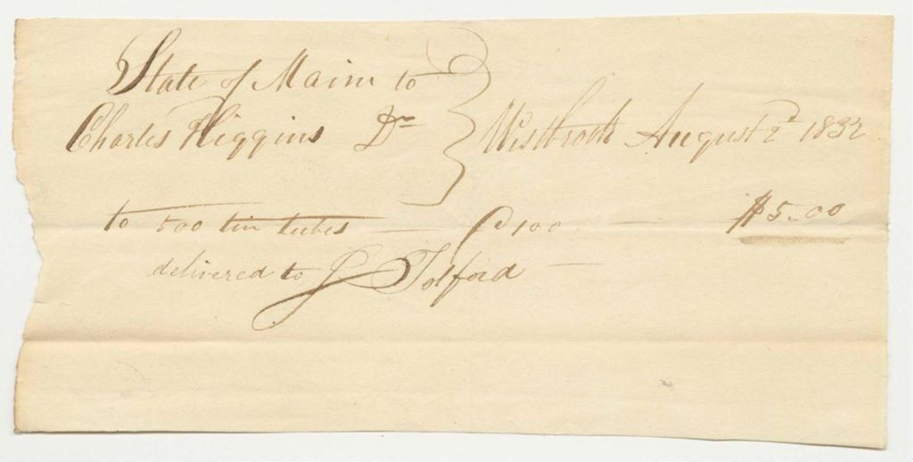 Miniature of Charles Higgin's Bill for Tin Tubes, Paid by Joshua Tolford