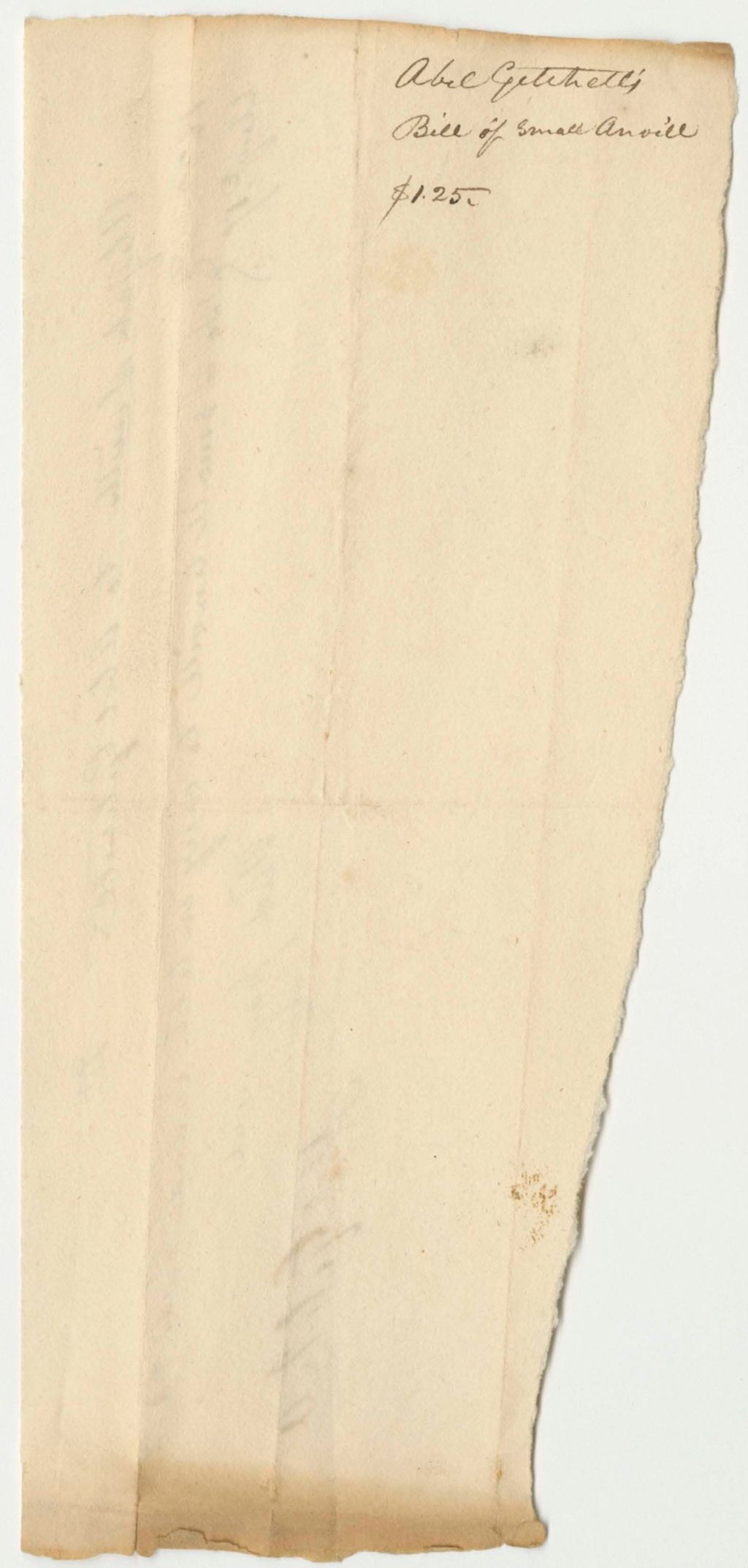 Miniature of Abel Getchell's Bill for an Anvil to be Used on the Canada Road, Paid by Abijah Smith