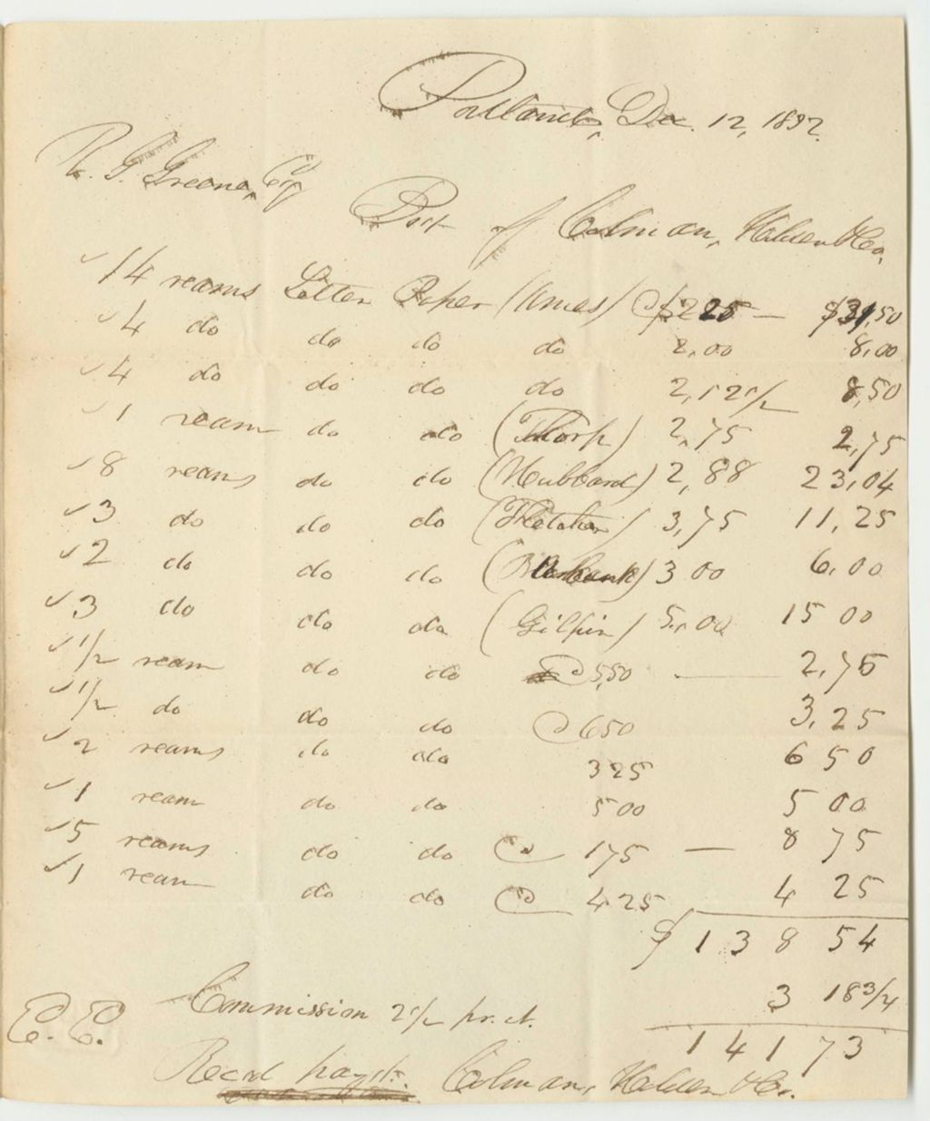 Miniature of Colman Holden & Co.'s Bill for Stationary, Paid by R.G. Greene