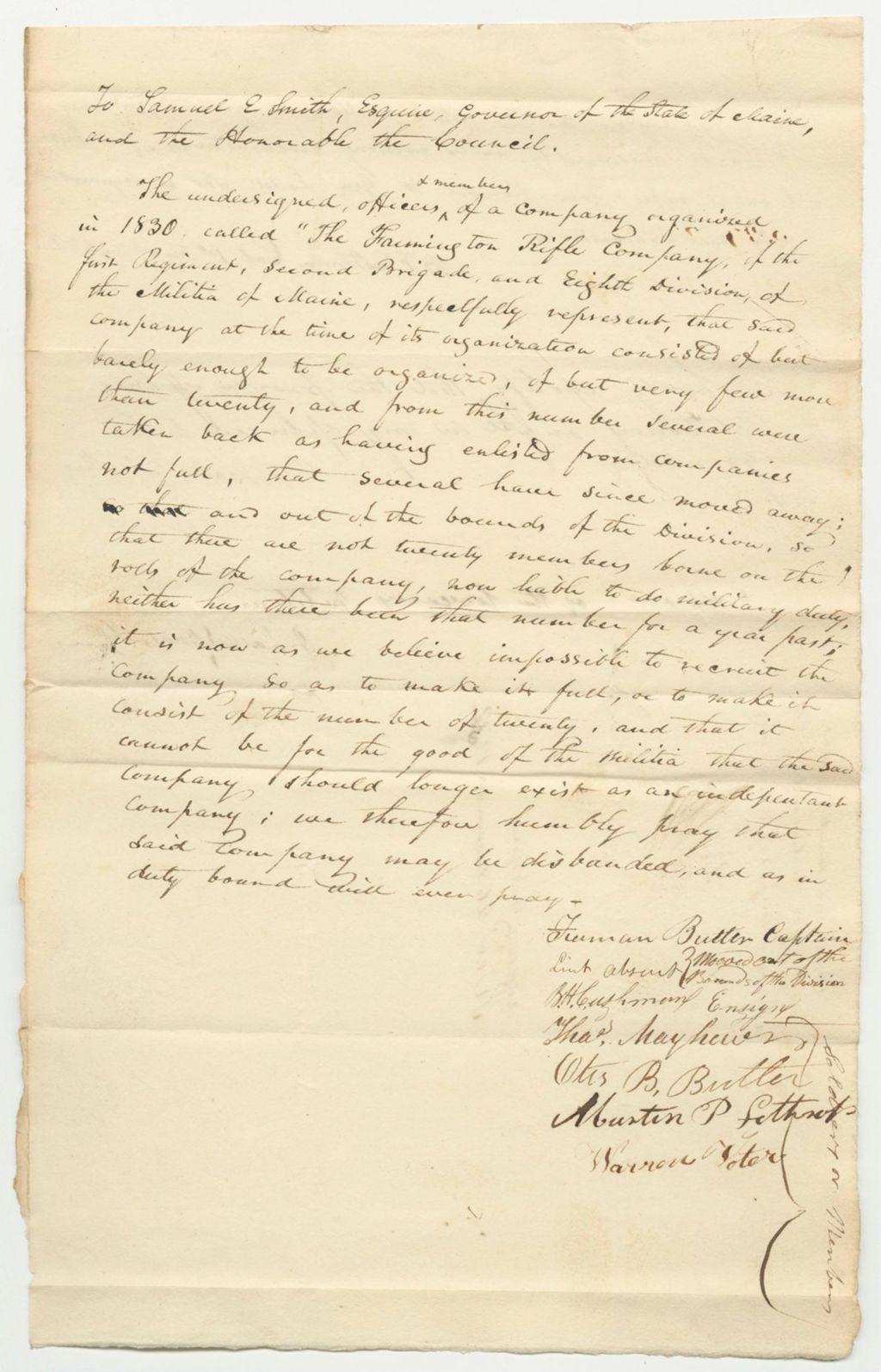 Miniature of Petition from Sundry Persons Praying for the Disbanding of the Farmington Rifle Company