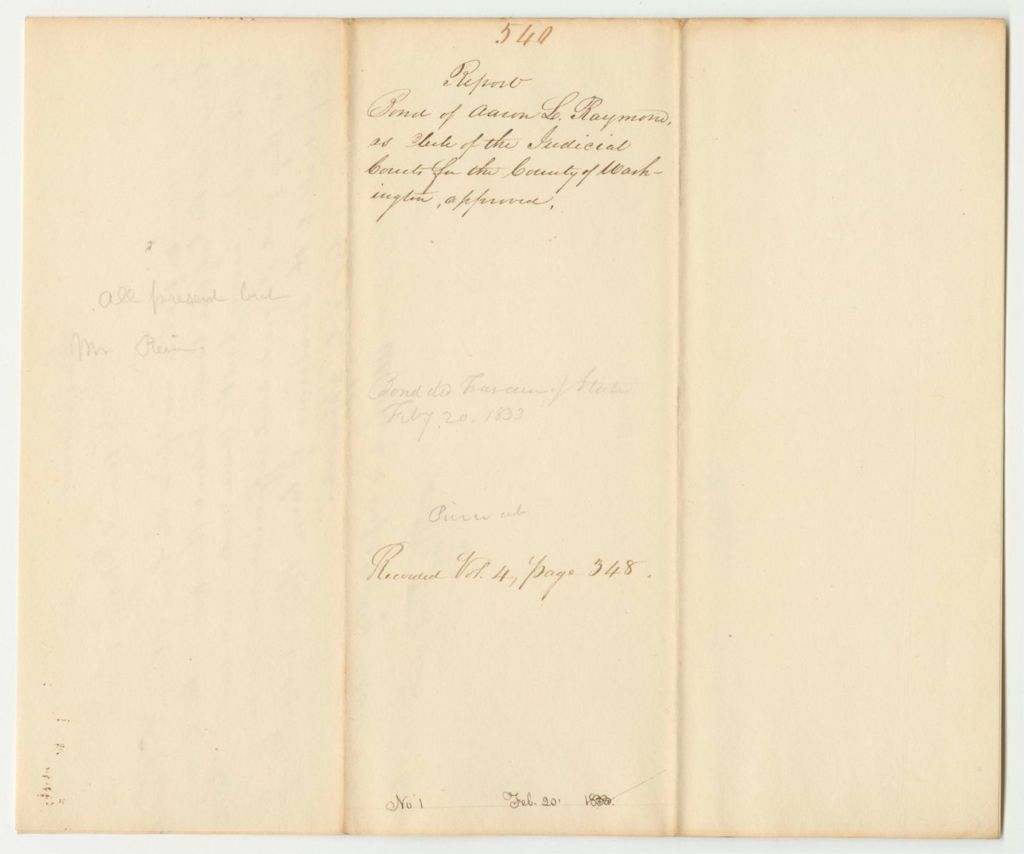 Miniature of Report 540: Report Approving the Bond of Aaron L. Raymond as Clerk of the Judicial Courts in Washington County