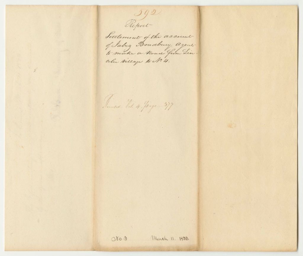 Miniature of Report 592: Report on the Settlement of the Account of Jabez Bradbury, Agent to Make a Road from Lincoln Village to No. 4