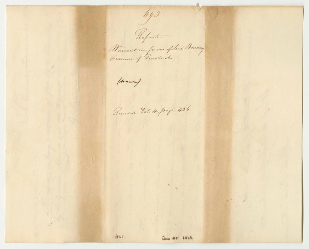 Miniature of Report 693: Warrant in Favor of Levi Bradley, Treasurer of Penobscot County