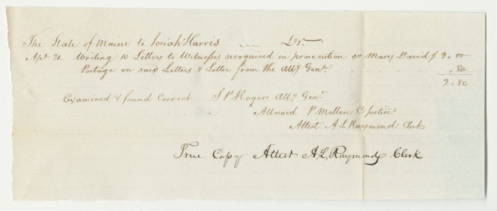 Miniature of Josiah Harris's Bill for Writing Letters to Witnesses Recognized in Prosecution v. Mary David