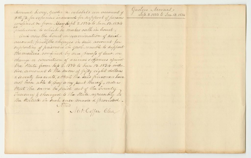 Miniature of Account of Samuel Sevey, Underkeeper in the Gaol in Wiscasset in the County of Lincoln, for the Support of Persons Therein Confined on Charges or Conviction of Crimes and Offences Against the State, and Which is Chargeable to the State from September 2nd 1833 to January 13th 1834